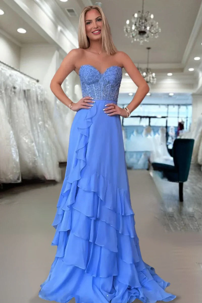 Blue - Strapless Chiffon Ruffled A Line Long Prom Dresses With Appliques