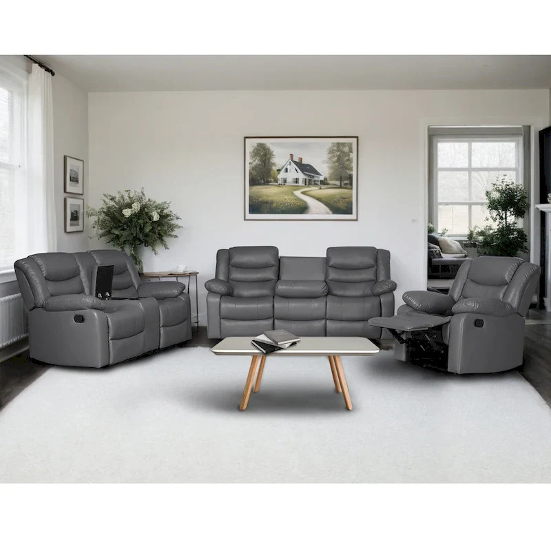 Faux Leather Manual Reclining Living Room Sofa with Dropdown Table and Console