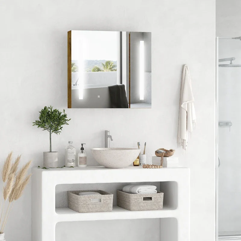 Dark Wood Grain MDF Wall-Mounted Medicine Cabinet with LED Mirror, Dimmable Touch Control & Adjustable Shelves
