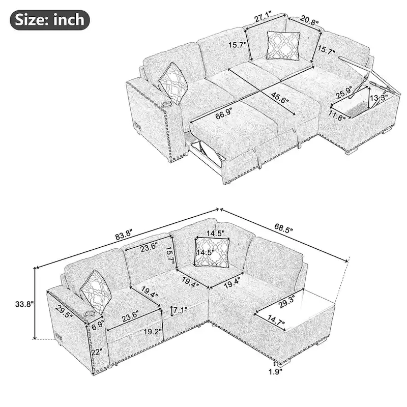 83.8 Sectional Pull-Out Sofa Bed L-Shaped Corner Sofa Couch with Storage Chaise, USB Ports, Power Sockets, Cup Holder for Livin
