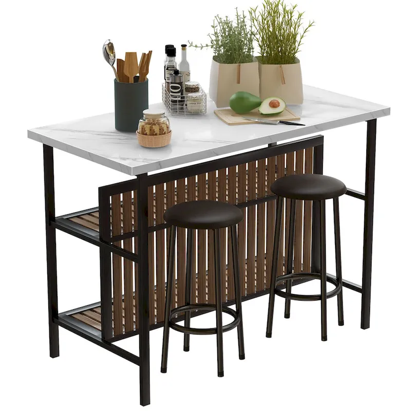 Grondin Mid-Century Modern 3-Piece Faux Marble Top Kitchen Island Set with 2 Stools and Shelves - N/A