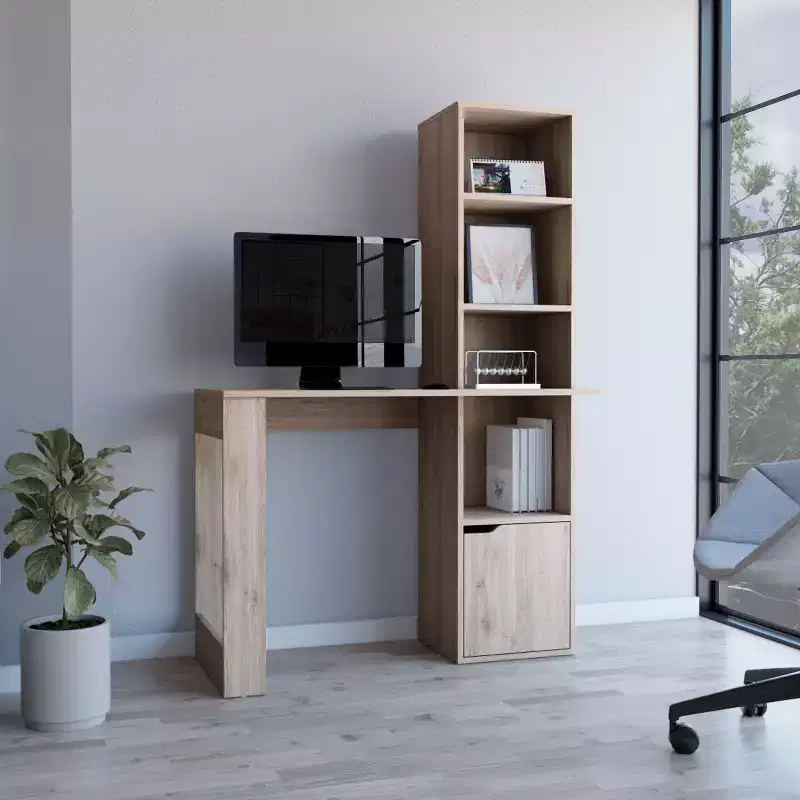 TUYOHW 25 Computer Desk,Home Office Desk with 4-Tier Bookcase,1 Cabinet,Ample Work Surface,Writing Desk for Bedroom,Study,Small Spaces