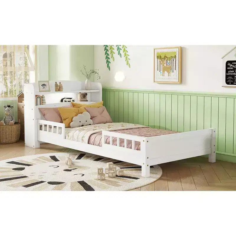 MAYEERTY Twin Pine Wood Bed with Bookcase Headboard, Safety Guardrails White