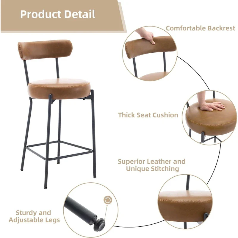 27 Modern Counter Stools Set of 2, Leather Bar Stools with Back & Pedals & Metal Legs