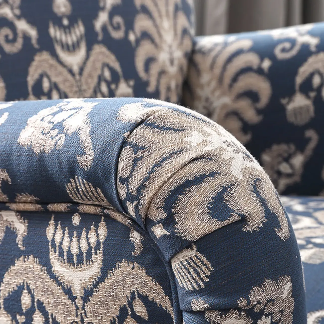Striped Fabric Barrel Chair in Cerulean with Armrests