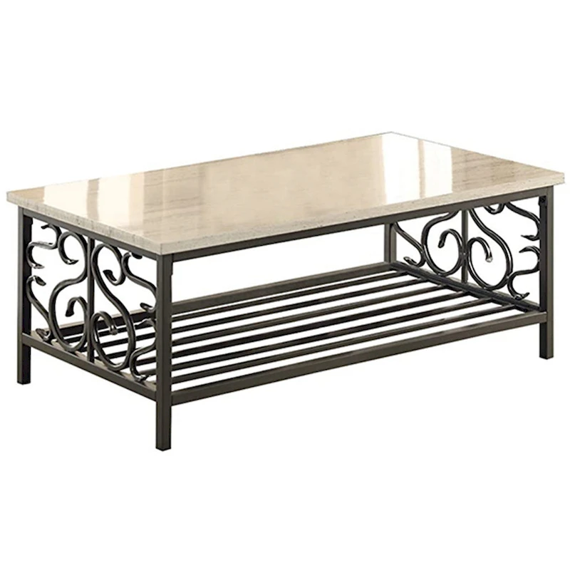 3 Piece Faux Marble Top Table Set With Decorative Metal Frame, Cream & Gray