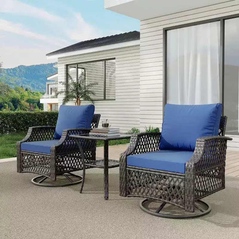 EROMMY 3 Piece Outdoor Swivel Chair Set, Wicker Patio Bistro Set With Thickened 25D Cushions And Glass Coffee Table