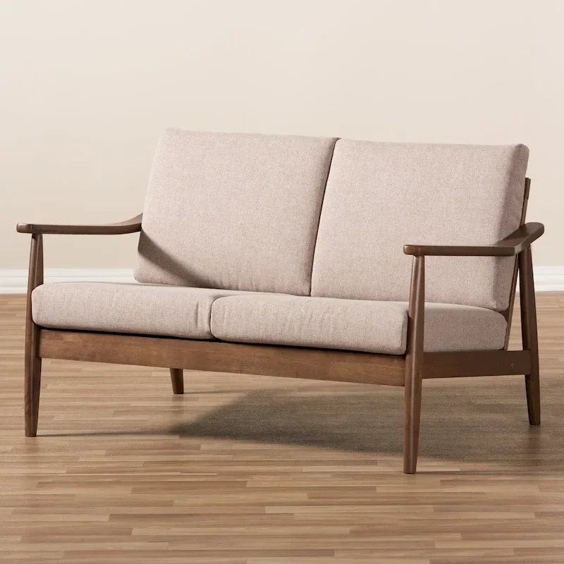 Brown Mid-Century Loveseat with Walnut Frame - Seats 2