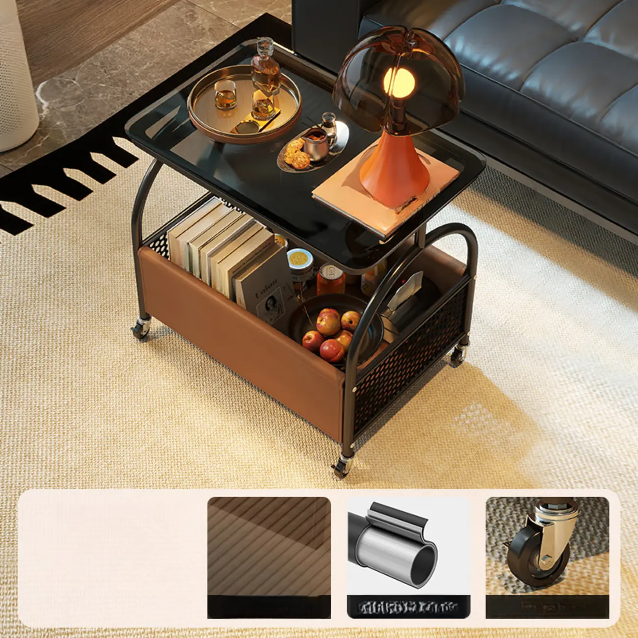 Versatile Glass-Top Metal 360° Rolling Side Table with Storage