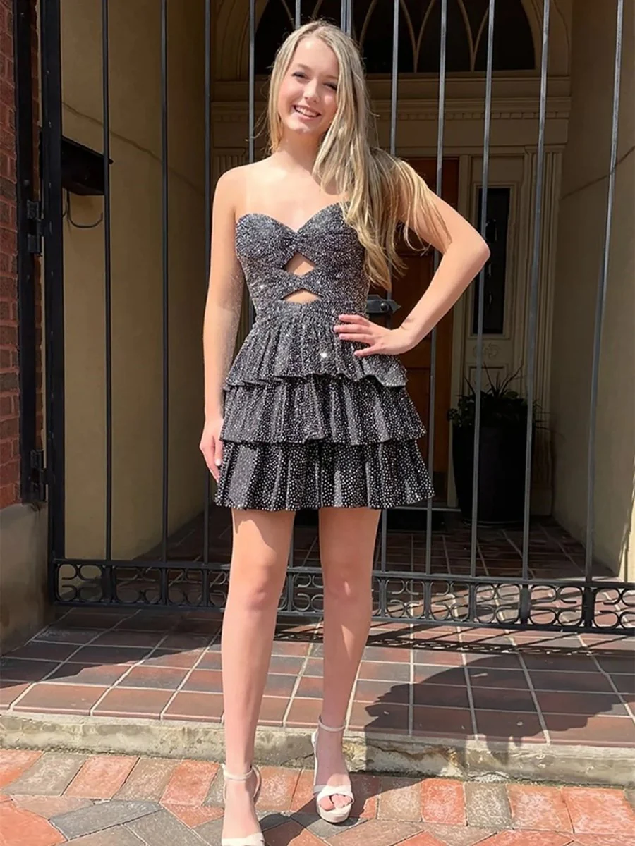 Black - A Line Sweetheart Satin Cut Out Ruffled Homecoming & Cocktail Dresses with Beads
