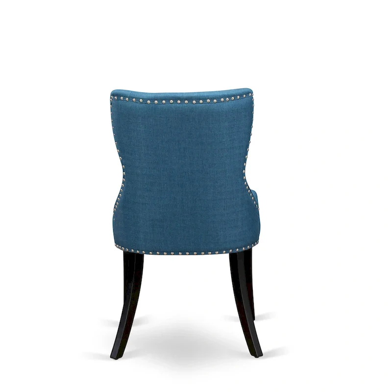 Round Dining Table Set with Blue Linen Fabric Chairs - Wire Brushed Black
