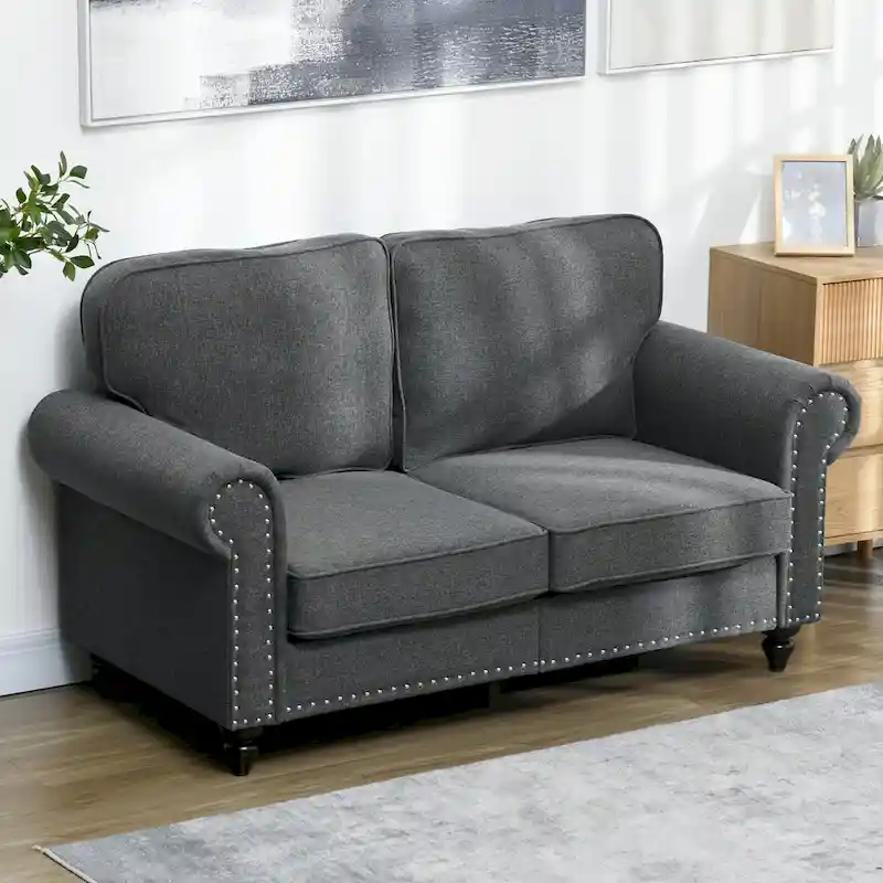 HOMCOM 61  Loveseat Sofa, Mid Century Modern 2 Seater Small Couch with Nailhead Trim, Rolled Arm, Fabric Upholstered Love Seat
