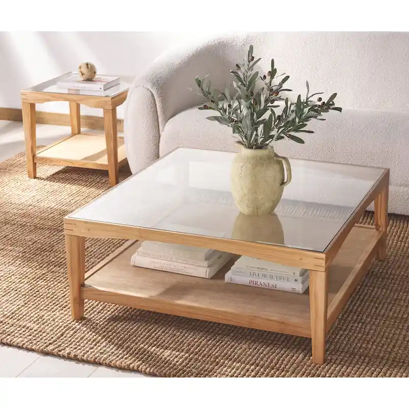 Square Glass Coffee Table with Elm Wood Frame & Linen-Lined Shelf – 40Wx40Dx17H