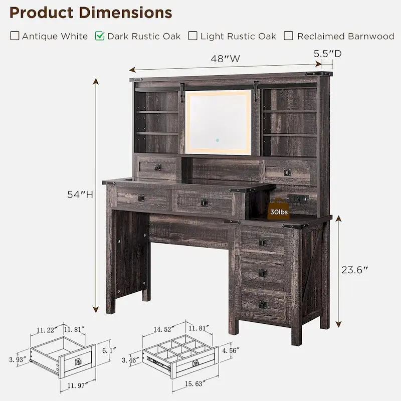 Farmhouse Makeup Vanity Desk with Mirror & Lights, Rustic Vanity Table