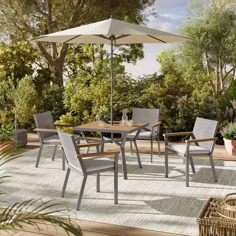 SONGMICS HOME Sencillo Collection - Dining Chair, Armchair, Patio Chair, with Faux Wood Armrests, Modern and Transitional Style,Gray and Beige