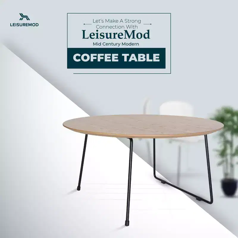 LeisureMod Pembroke Mid-Century Modern Round Coffee Table with Powder-Coated Iron Frame, Natural Wood Top