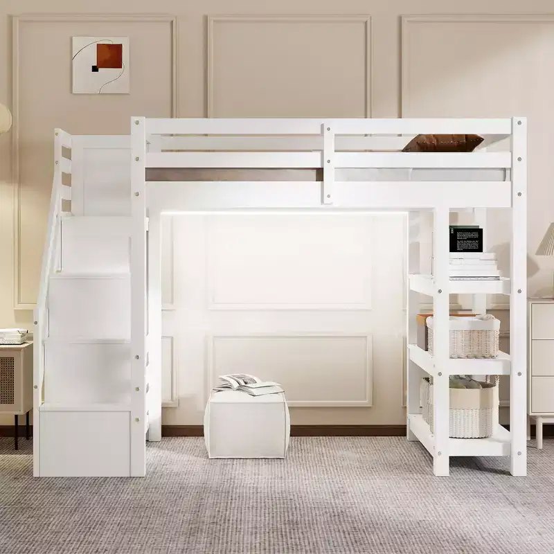 Twin/Full Size Loft Bed with Shelves, Storage Staircase, Small Wardrobe and White LED Light, White - ModernLuxe