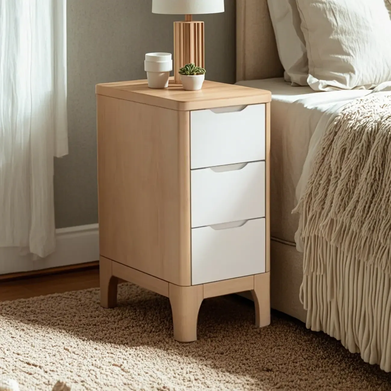 Natural Wooden Narrow Corner Bedside Table with 3 Drawers