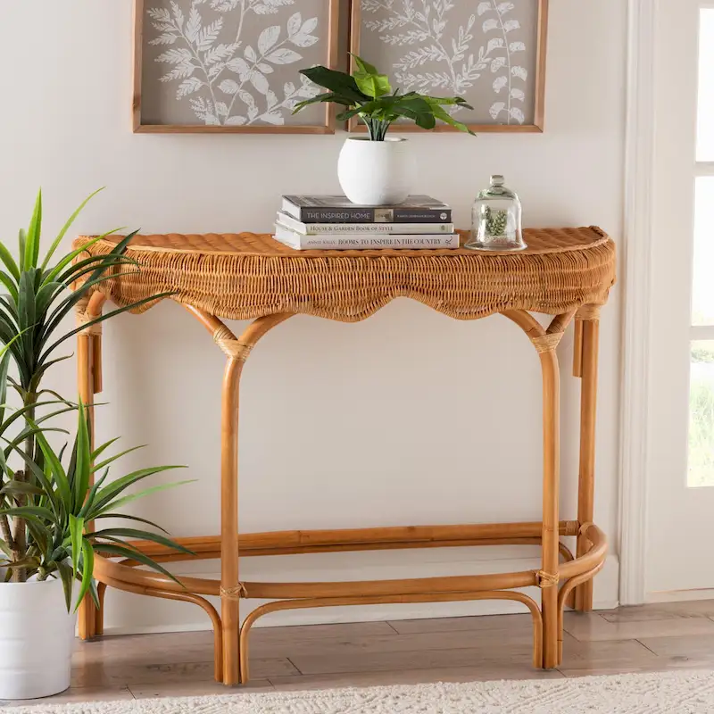 42-Inch Modern Bohemian Natural Rattan Console Table with Half-Moon Top, Scalloped Details for Entryway