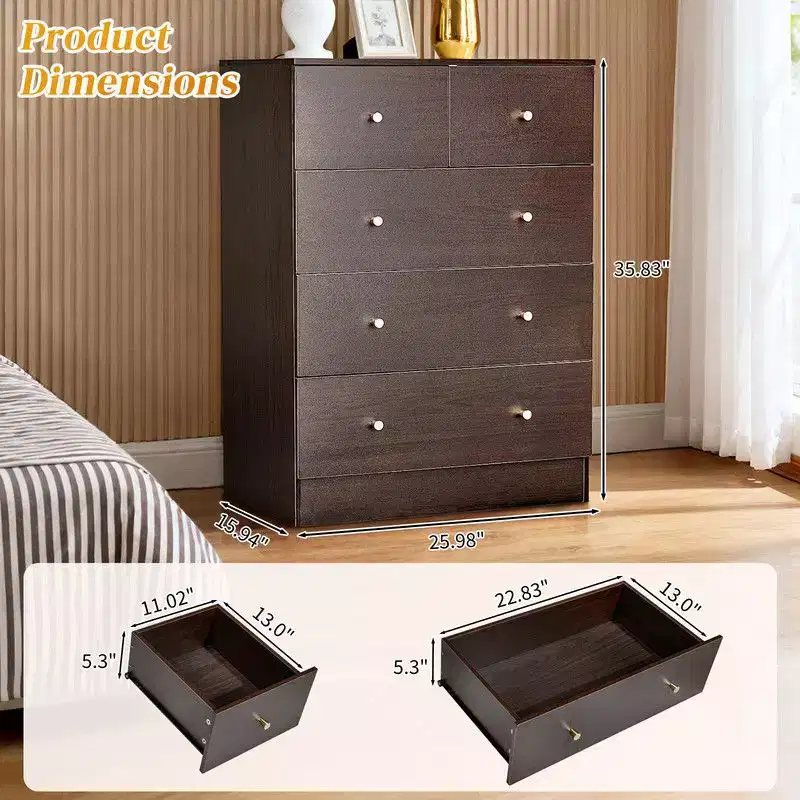 Karl Home 5-Drawer Dresser for Bedroom and Chest of Drawers with Sturdy Construction Wood Storage Organizer for Closet brown