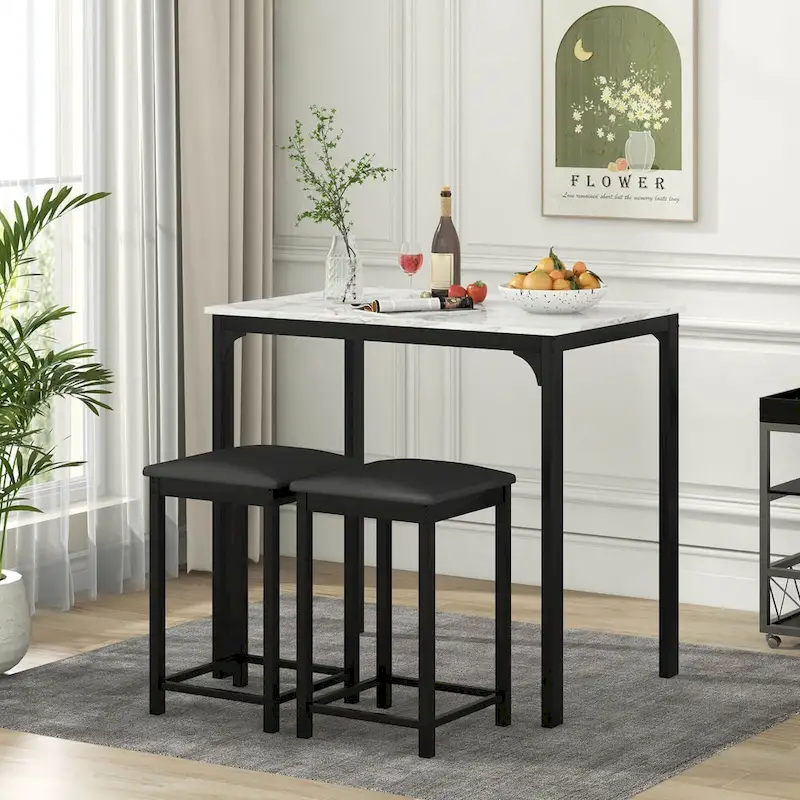 3 Piece Counter Height Dining Set Faux Marble Table 2 Chairs