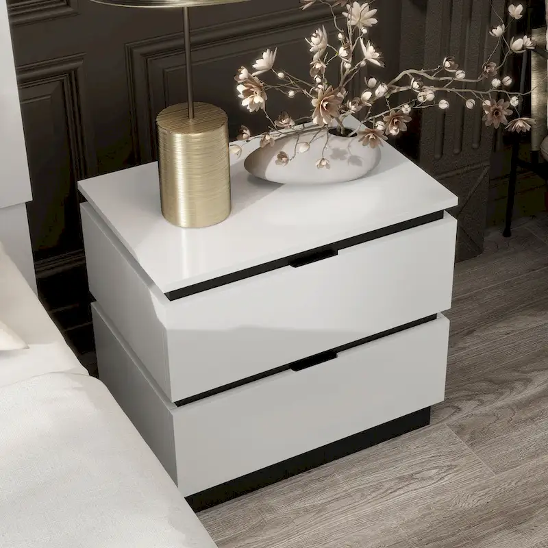 Contemporary White 2-Drawer Nightstand with USB Port & Metallic Accents