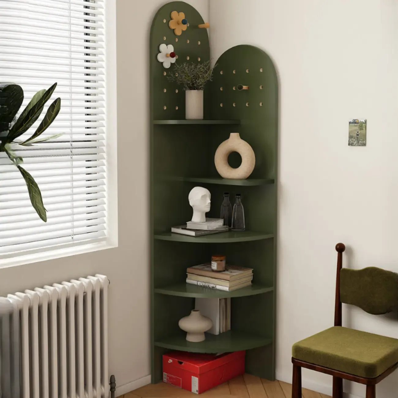 Avocado Green Wood Corner Storage Art Display Cabinet