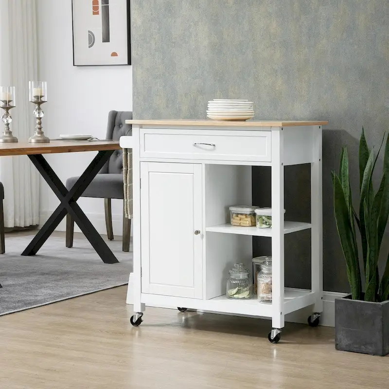 Rolling Kitchen Island Cart with Solid Wood Top and Drawer