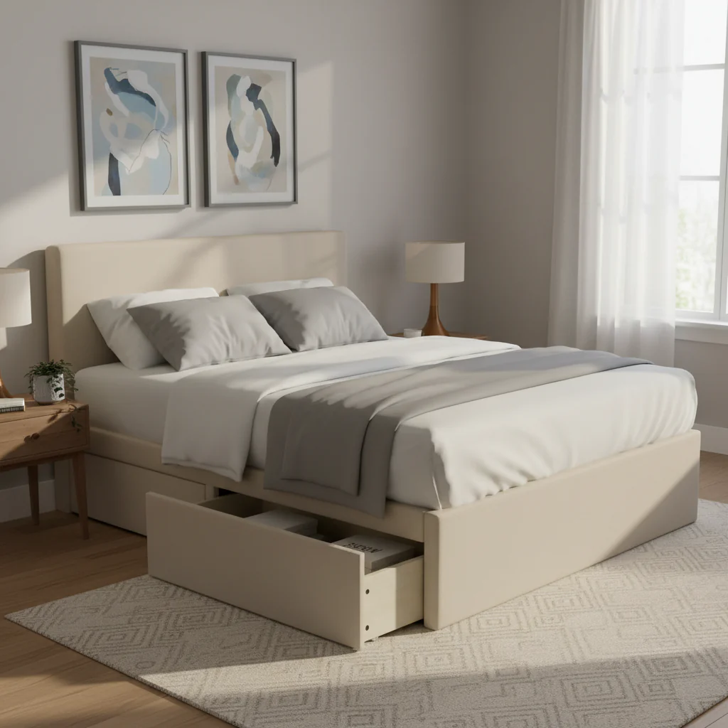 Grey/Ivory Upholstered Platform Storage Bed with 2 Drawers, King/Queen