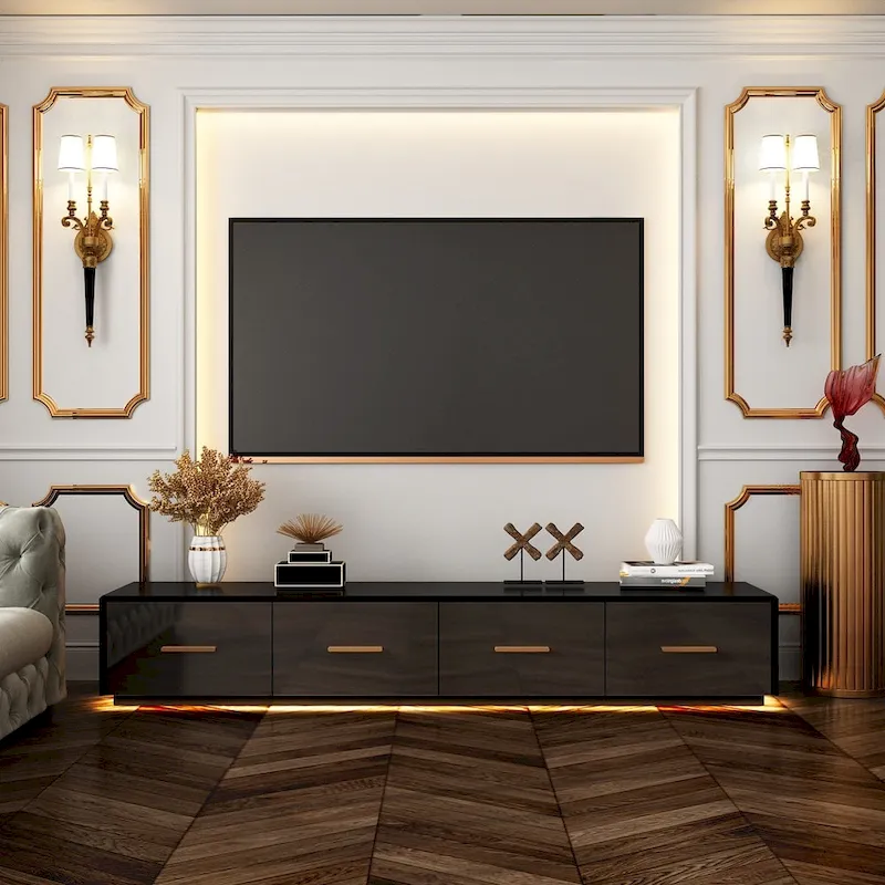Black Entertainment Center Spacious Luxurious TV Stand Golden Accents