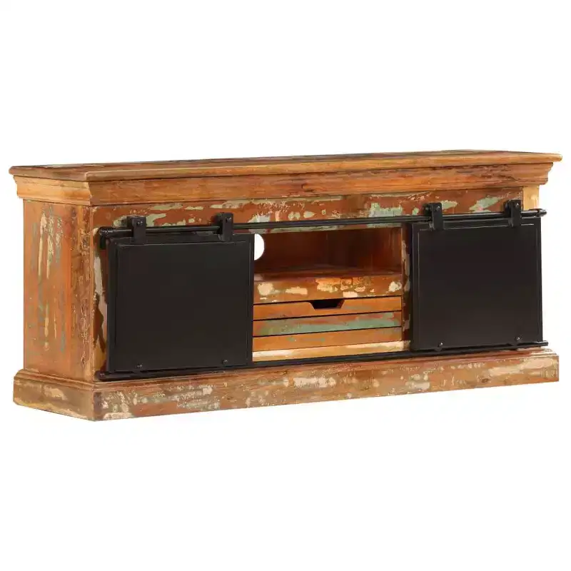 vidaXL TV Stand - 43.3x11.8x17.7 Antique-Style Wooden Cabinet with Three Compartments and Drawer - Solid Reclaimed Wood