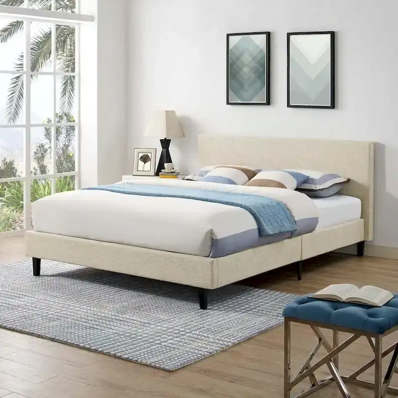 Linen Upholstered Queen Platform Bed – White / Teal / Beige, Sleeps 2