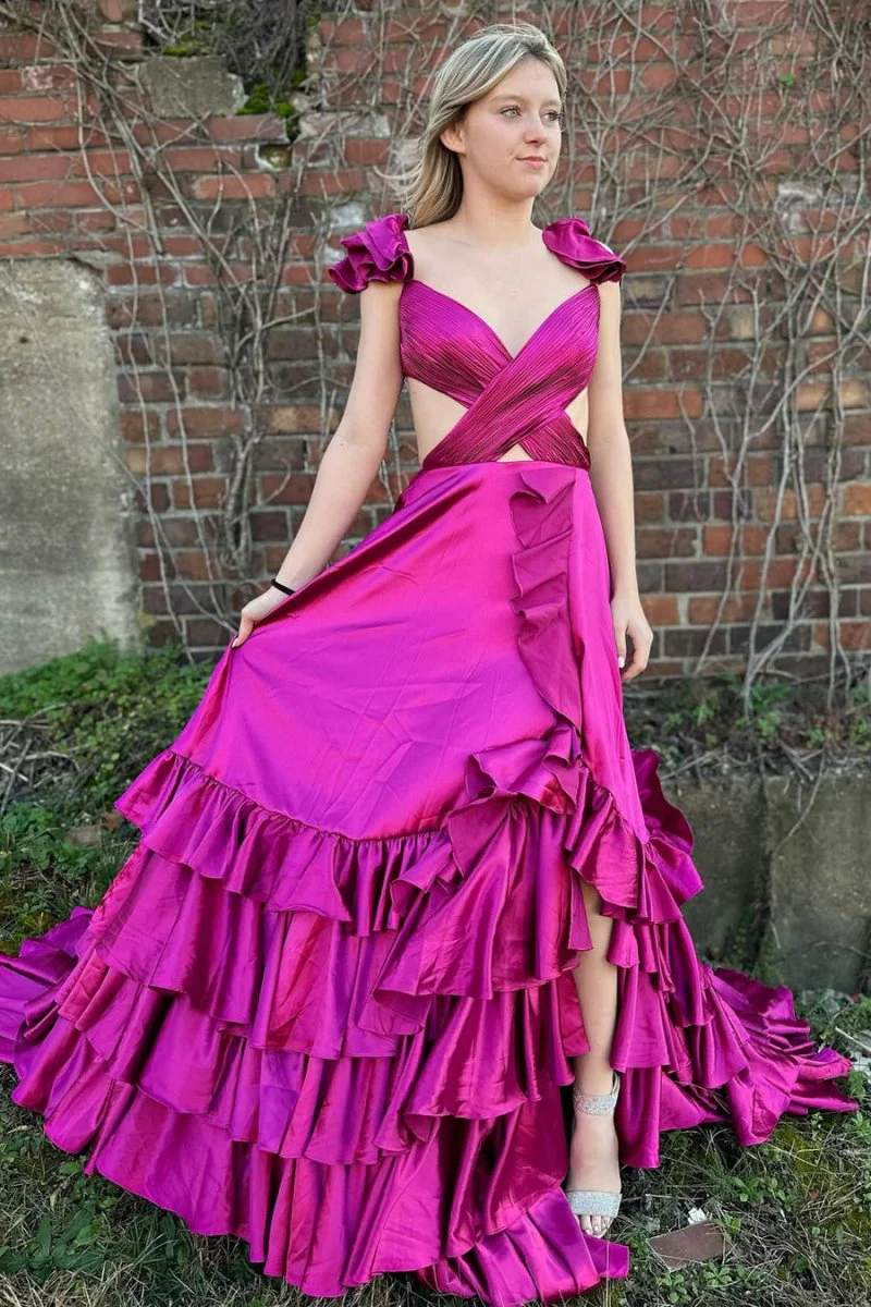 Red Cutout Ruffle A-Line Long Prom Dress with Slit