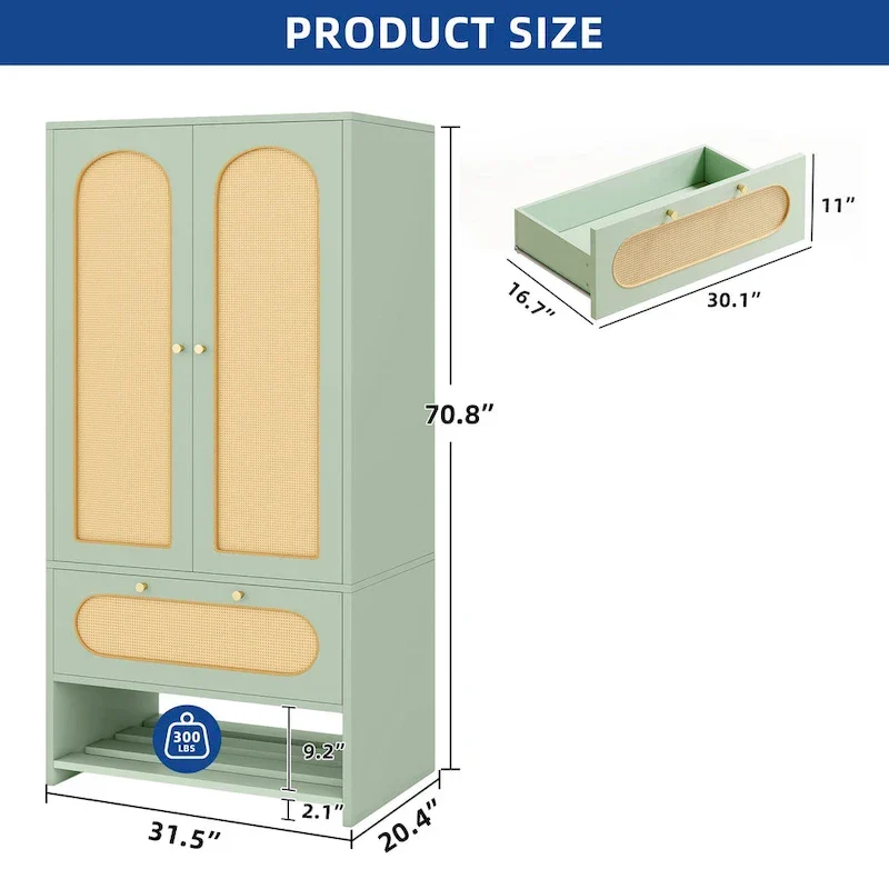 Moasis 70   Rattan Armoire Bedroom Wardrobe with Drawer & Hanging Rod