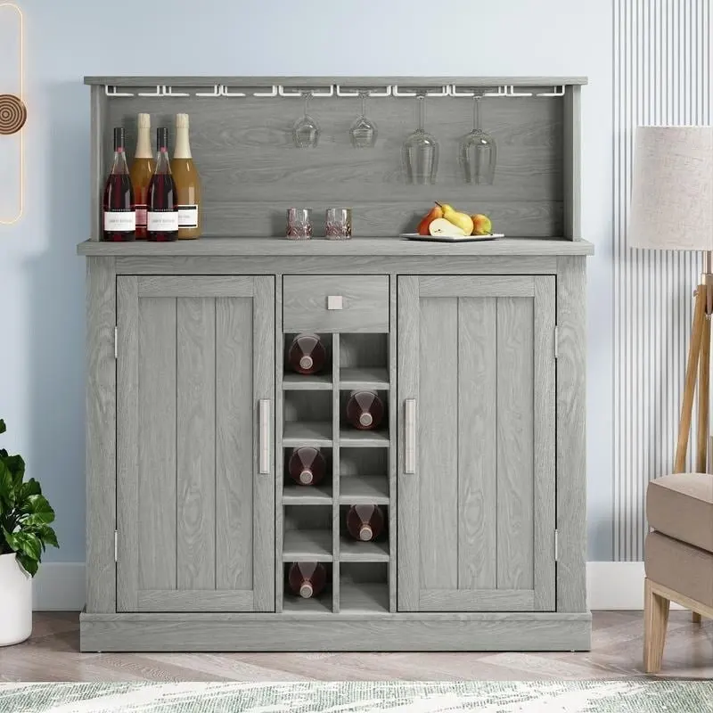 Buffet Bar Cabinet with Wine Rack - 10-Bottle Storage (Grey/White)