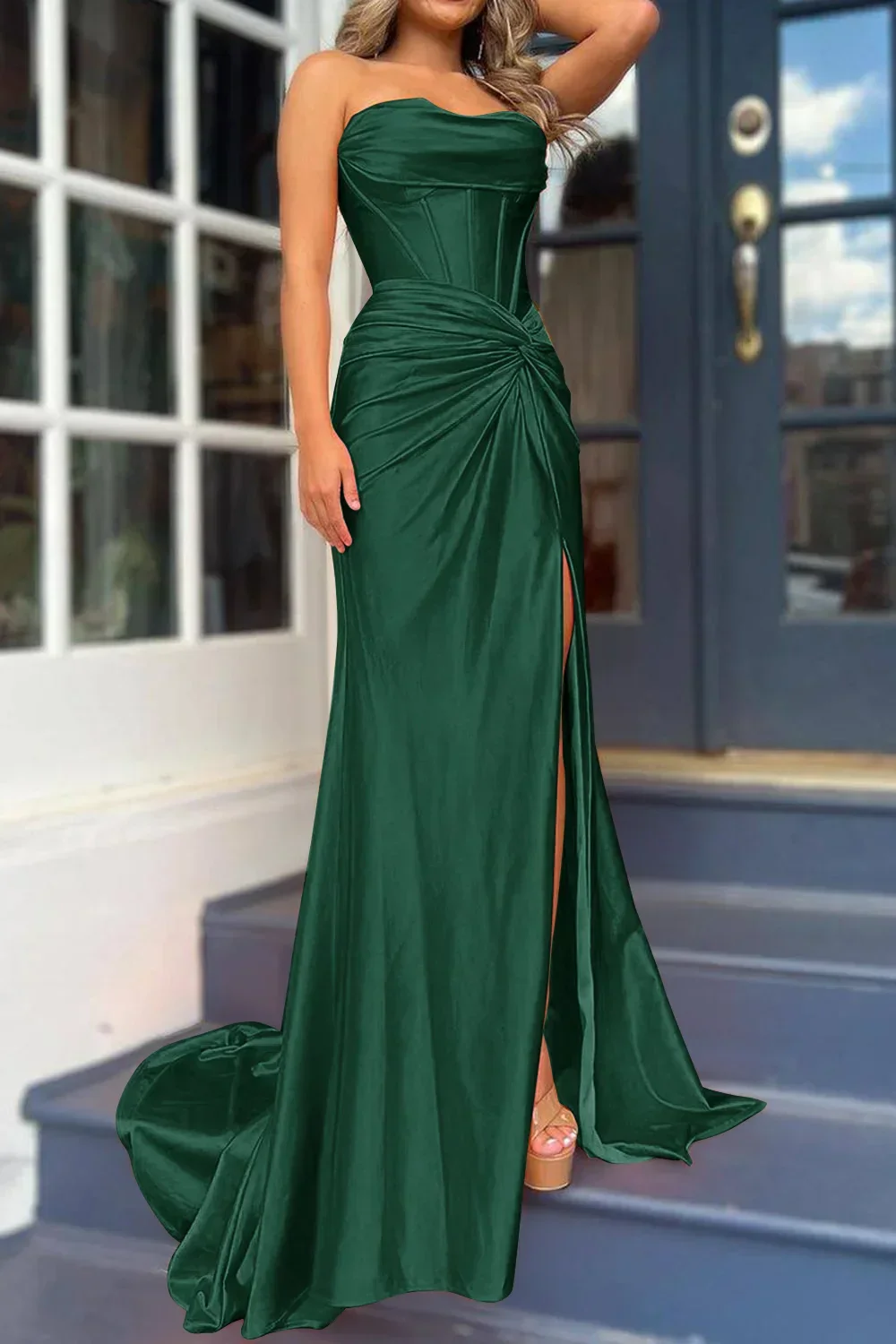 Mermaid Strapless Satin Long Prom Dress With Slit