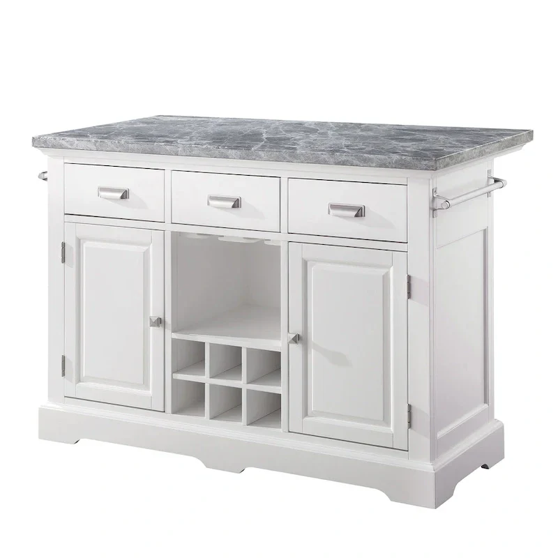 Kitchen Island - White with Grey Marble Top