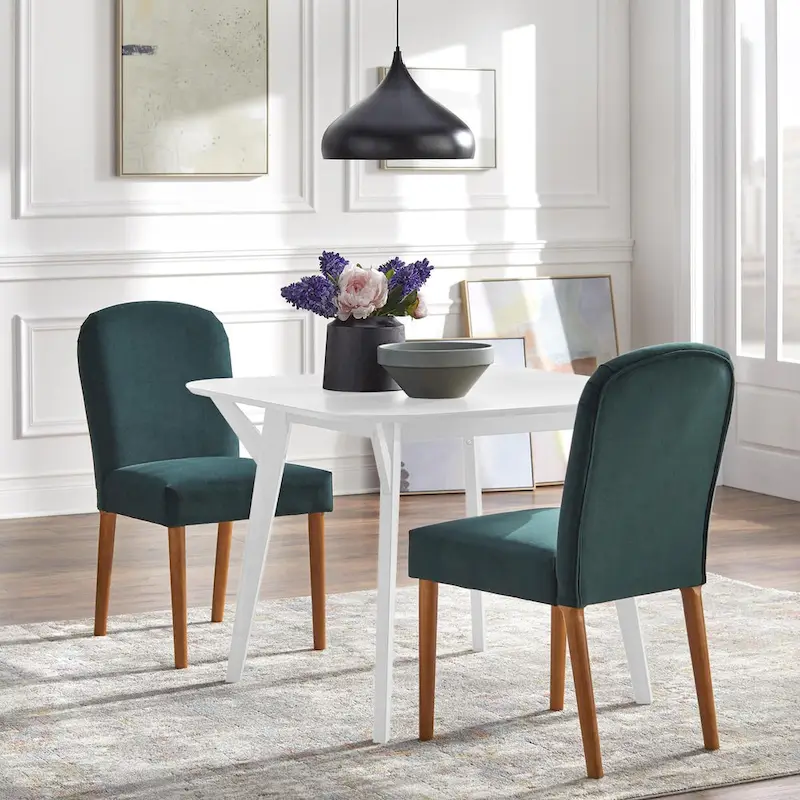 Mid-Century 3-Piece Dining Set for 2 – Floral Linen / Emerald Green Velvet / Grey Herringbone Stripe