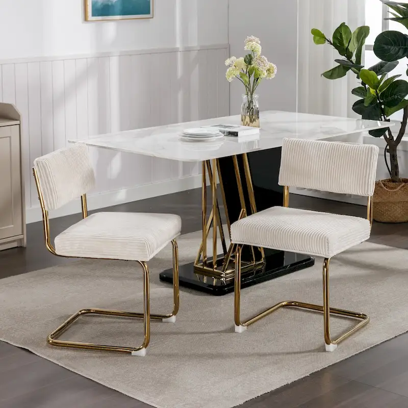 Modern Dining Chairs with Gold Metal Base, Accent Armless Kitchen Chairs with Channel Tufting, 2-Piece