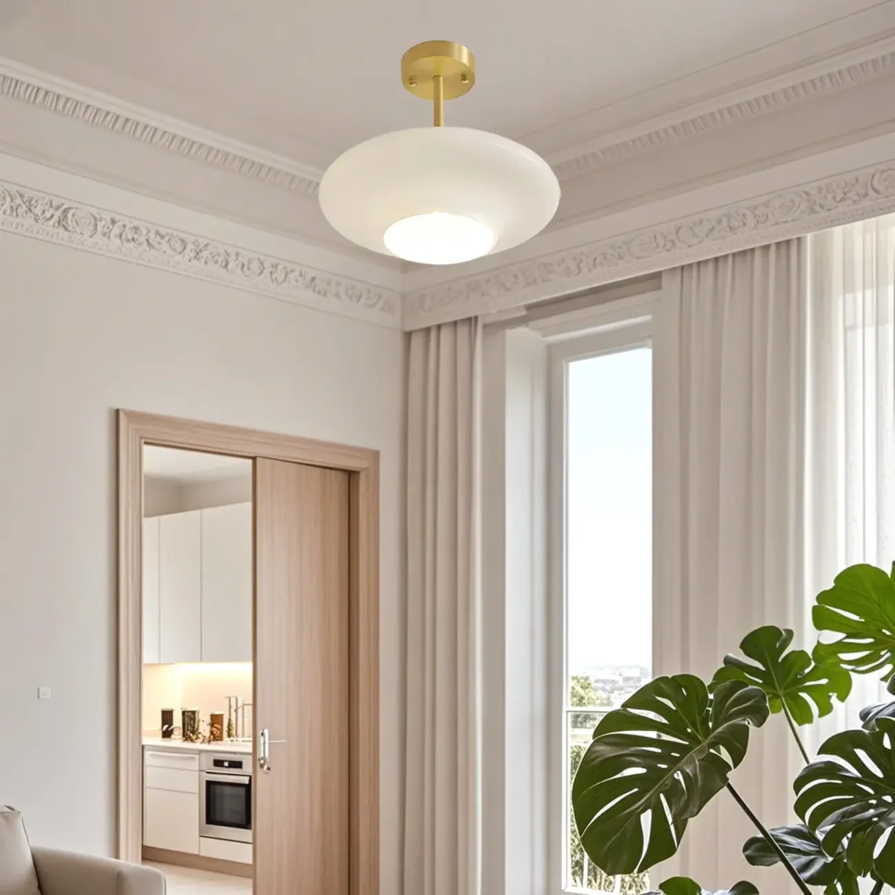 White Round Glass Shade Gold Semi Flush Ceiling Light
