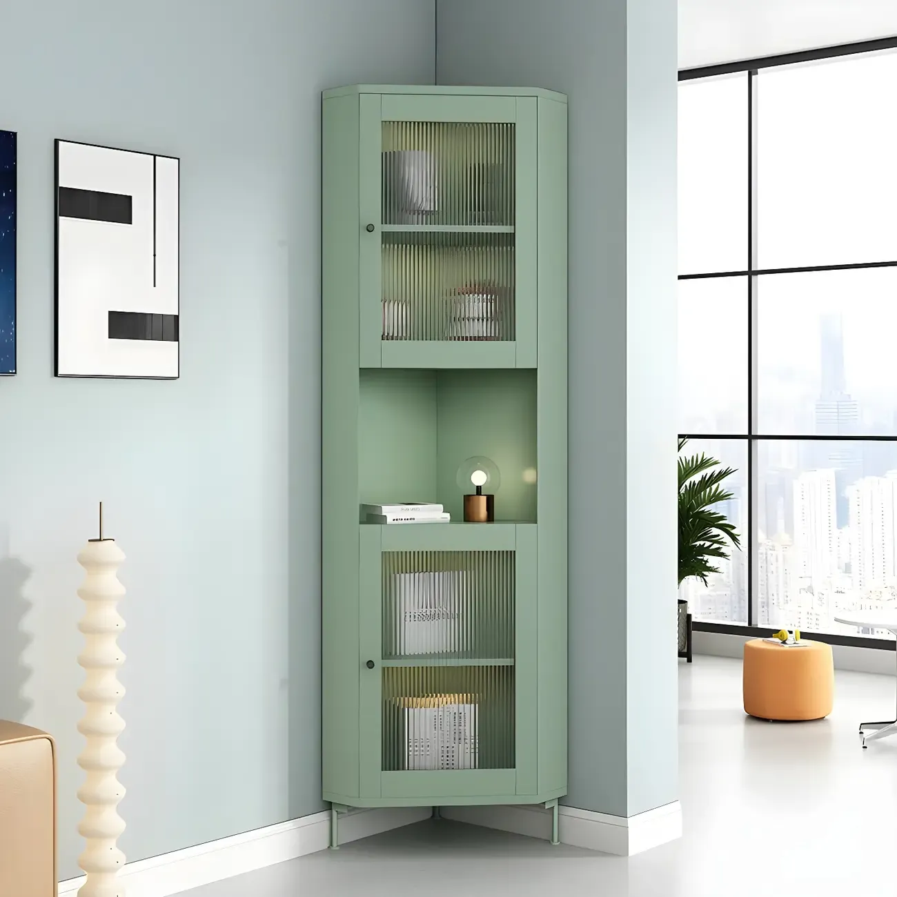 Green Wooden Adjustable Shelves Corner Display Cabinet