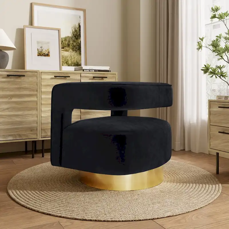 Black Velvet Open-Back Club Chair with Gold Base, 1-Seater