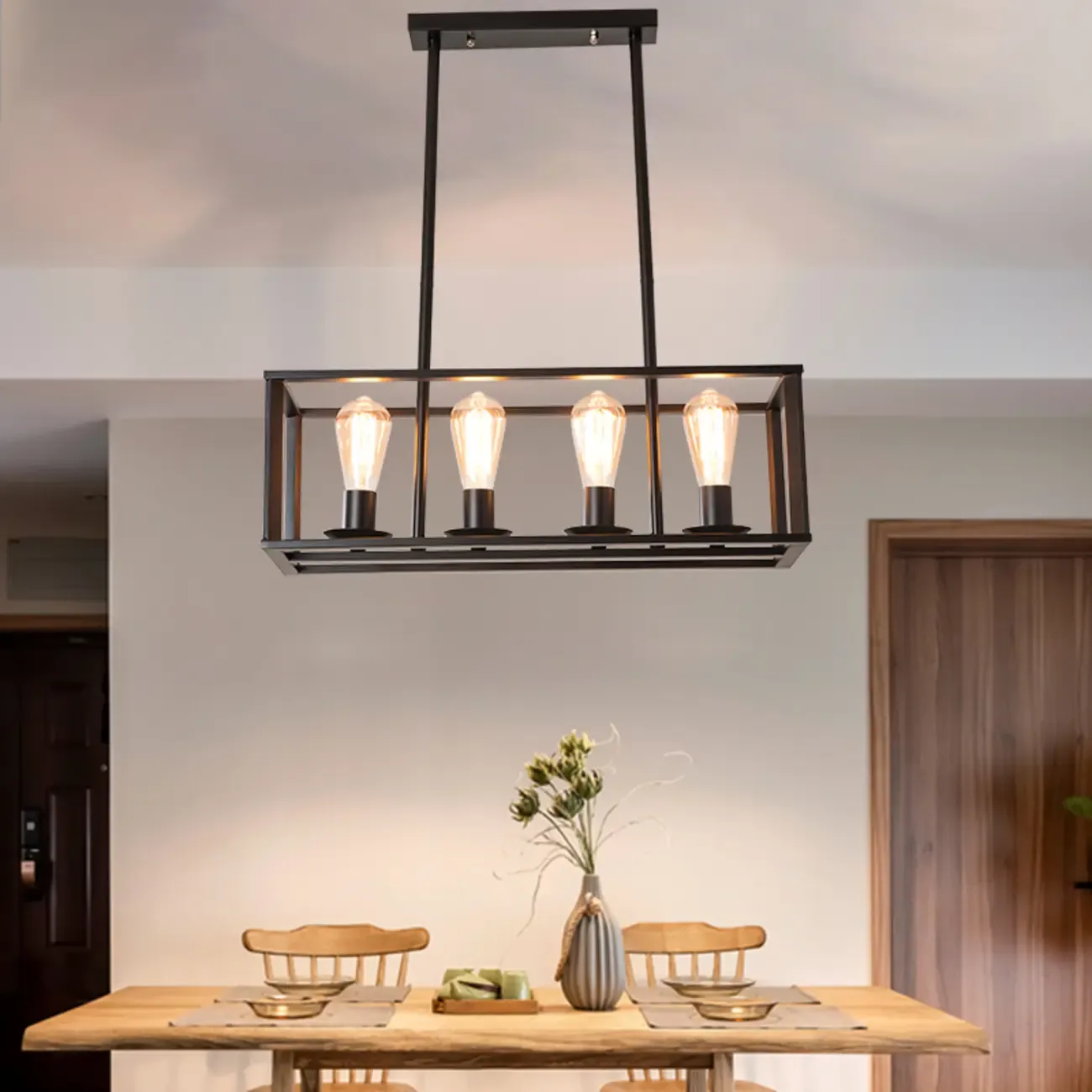 Industrial Rectangle Black 4-Light Kitchen Island Light