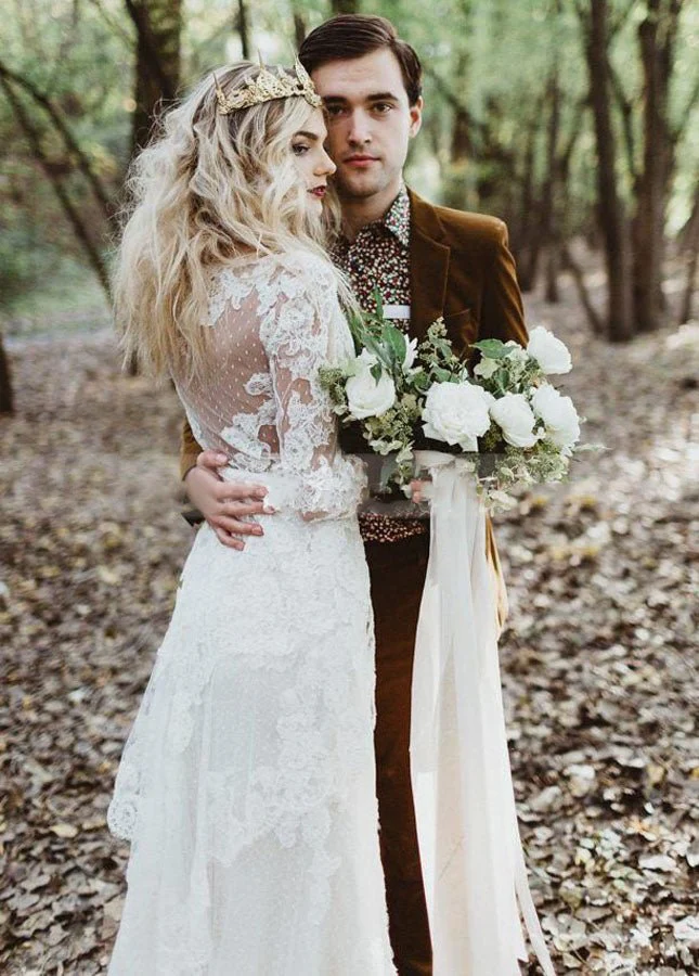 Tulle A-Line Lace Appliques 3/4-Sleeve V-Neck Romantic Bridal Wedding Gowns