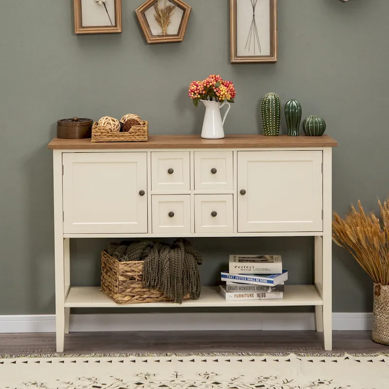 Buffet Sideboard, 4 Drawers, 2 Open Compartments, Bottom Shelf, Pine & MDF, Ivory / Walnut, 1-Person Use