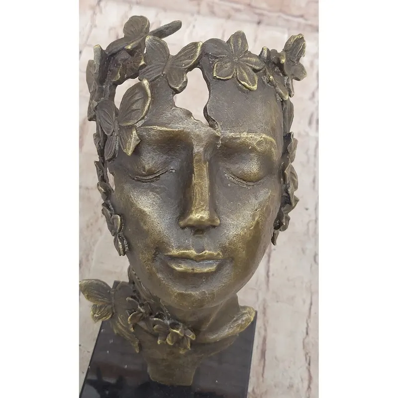 Abstract Surreal Female Bust Face Mask Butterflies Bronze Metal Sculpture Dali