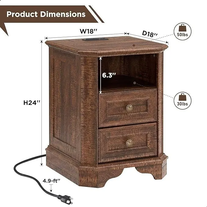18 Farmhouse Nightstand with Charging Station, End Table,Side Table