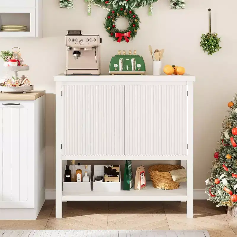 COZONY Farmhouse Console Table with Storage, Rustic White Entryway Table with Fluted Doors, Buffet Sideboard for Living Room