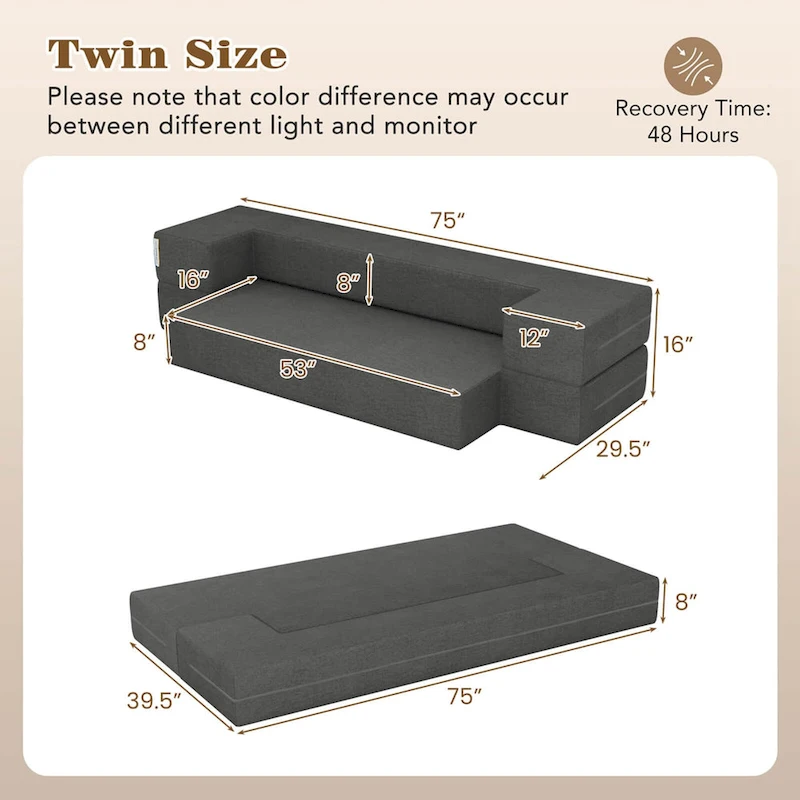 Costway 8-Inch Folding Sofa Bed with High-density Foam & Washable
