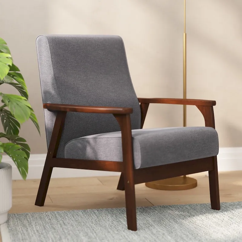 Mid-Century Modern Armchair with Wooden Frame and Faux Leather Cushions